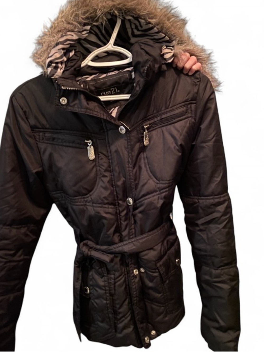 Vintage Rue21 Black Quilted Faux-Fur Trim Hooded Belted Puffer Jacket
